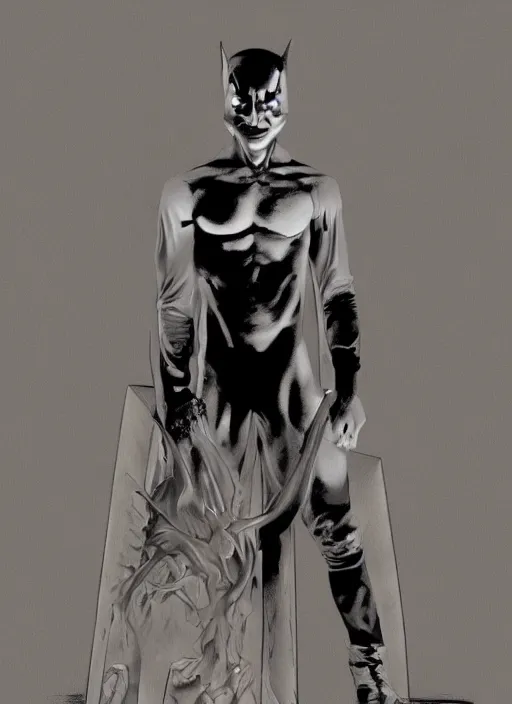 Prompt: aesthetic digital illustration of a solitary smirking young psychopath standing in an empty white room by brian bolland, rachel birkett, alex ross, and neal adams | sinister, dangerous, character concept, concept art, unreal engine, finalrender, centered, deviantart, artgerm