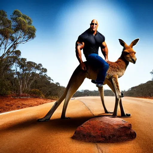 Prompt: dwayne johnson riding a kangaroo, studio photography, high detail, ultra high detail, 4 k, hdr, 8 k