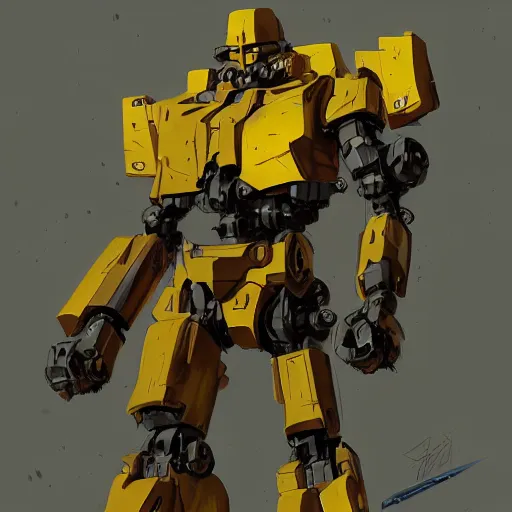 Prompt: yellow mecha with flat head and big sword and shield, spotlight in middle of face, Keetongu Bionicle, by Greg Rutkowski