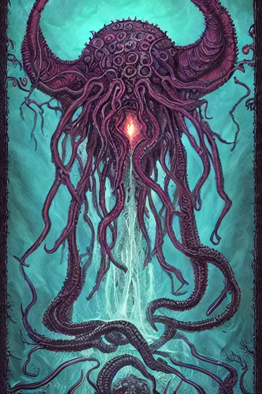 Image similar to ancient eldritch horror, mind flayer, illithid, concept art, digital art, tarot card, highly detailed, ornate border, in the style of dungeons and dragons, old school