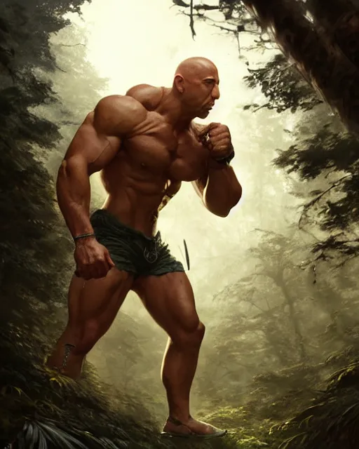 Image similar to gigachad luigi bodybuilder fighting like vin diesel in forest, fantasy character portrait, ultra realistic, anime key visual, full body concept art, intricate details, highly detailed by greg rutkowski, ilya kuvshinov, gaston bussiere, craig mullins, simon bisley