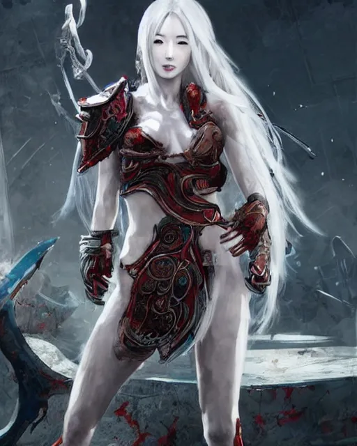 Image similar to lee jin - eun with white long hair in high - end damaged battle suit emerging from pool of blood in god of war 4 game set in ancient italy by peter andrew jones and conrad roset, rule of thirds, seductive look, beautiful