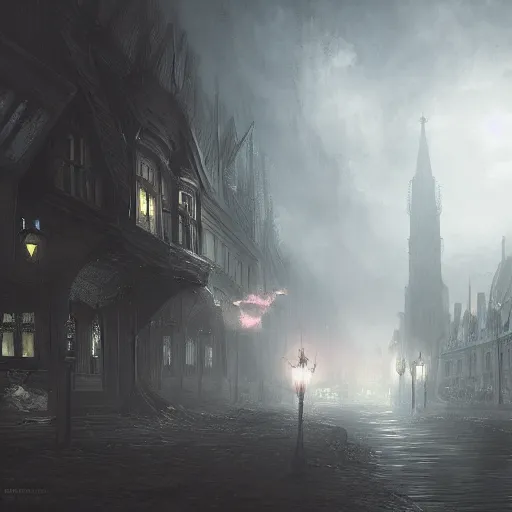 Image similar to dark fantasy Victorian city, digital art, concept art, trending on artstation, highly detailed, grim atmosphere, volumetric lighting