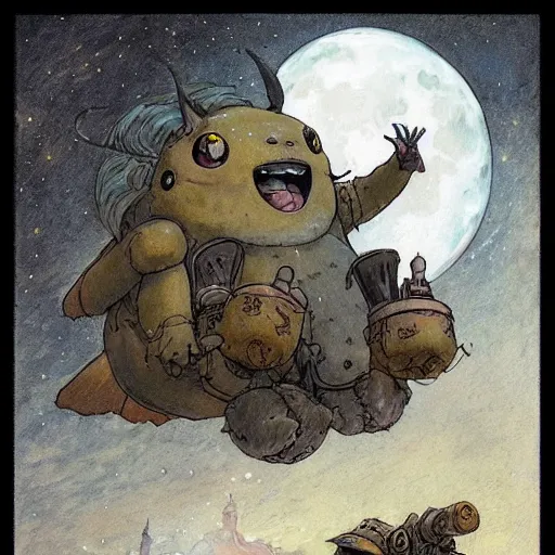 Prompt: ( ( ( ( ( grey lovecraftian mechanized pikachu demon from howl's moving castle ( 2 0 0 4 ), with a big head, on a desert road, wide shot, in front of a big moon. muted colors ) ) ) ) ) by jean - baptiste monge!!!