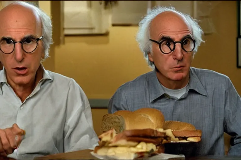 Prompt: larry david eating a sandwich, horror film still, dark atmosphere