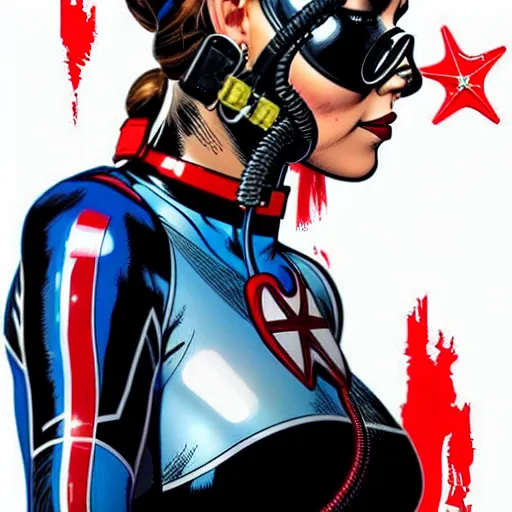 Image similar to a profile photo of a russian spy woman side profile with a diving oxygen mask with side profile blood in ocean intricate details by MARVEL comics and Sandra Chevrier-C