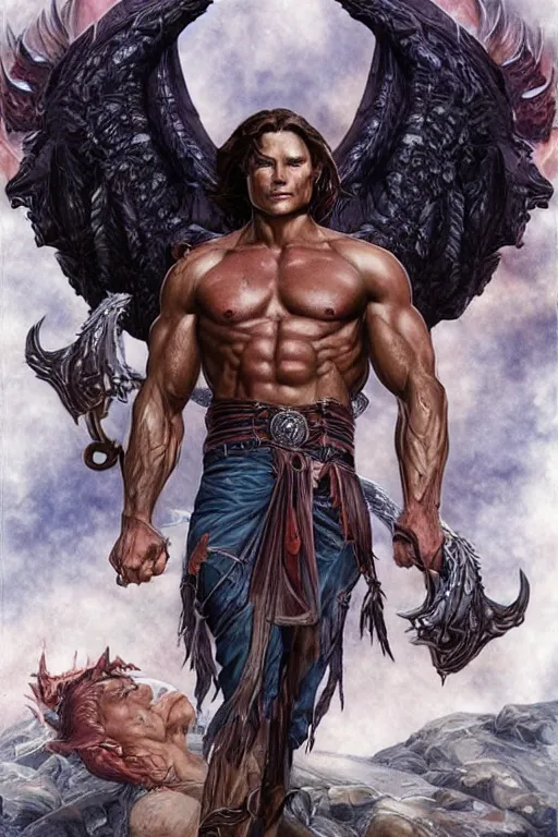 Prompt: muscular Sam Winchester as an angel with religious tattoos on chest and neck, with glowing runes on the body, romance book cover style, D&D dark fantasy style, sharp focus, ultra detailed, art by Artgerm and Peter Andrew Jones, Karol Bak, Ayami Kojima, Amano and Olivier Ledroit