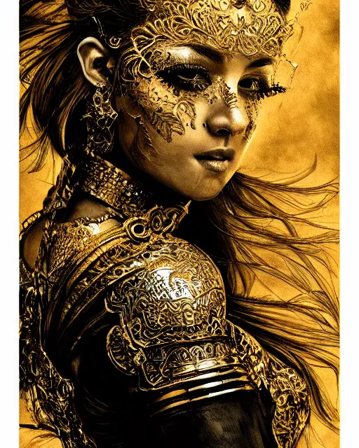 Image similar to ink painting portrait of woman in shining golden armor, high production value, intricate details, high resolution, hdr, high definition, masterpiece, realistic, ultrarealistic, highly detailed, hd, sharp focus, non blurry, sharp, smooth