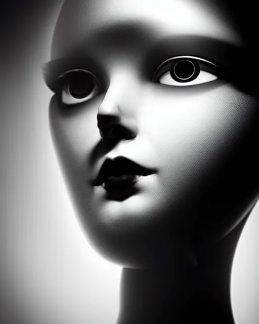 Image similar to black and white high quality photo of a female AI-cyborg-doll looking into a sci-fi mirror, volumetric lighting, hyperdetailed, photorealistic, masterpiece, elegant, dark, in the style of Man Ray,