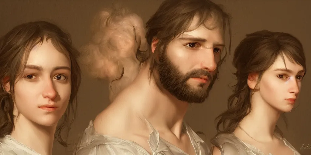 Image similar to an ultra detailed portrait of james and rachel, 8 k, baroque and luminist style, artstation, pixiv, by jacque - louis david