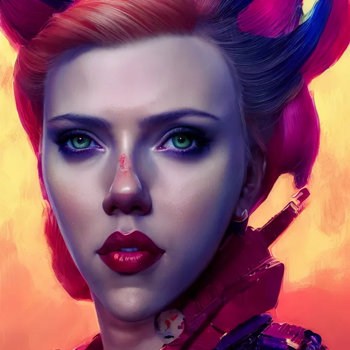 Image similar to portrait of scarlett johansson as a harley quinn. intricate abstract. intricate artwork. by Tooth Wu, wlop, beeple, dan mumford. octane render, trending on artstation, greg rutkowski very coherent symmetrical artwork. cinematic, hyper realism, high detail, octane render, 8k, iridescent accents