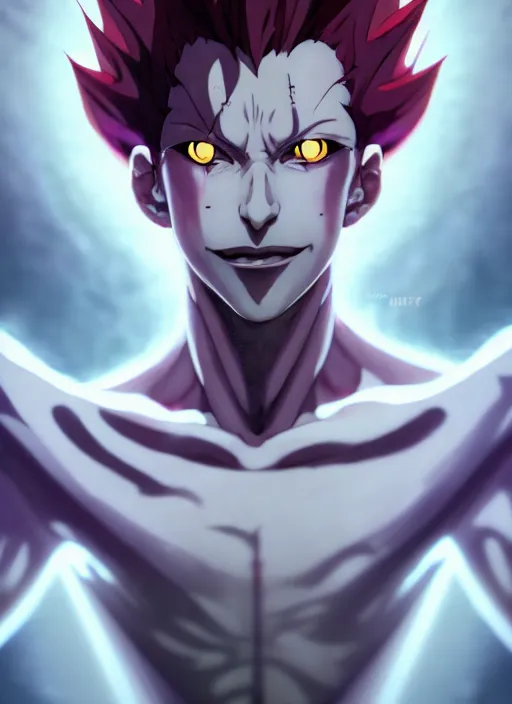 Prompt: hisoka from hunter × hunter, dark, anime, peter mohrbacher, path traced, half body shot, kelly mckernan, alfonso mucha, cinematic, concept artbook, artstation, video game, pixar, unreal engine, 8 k