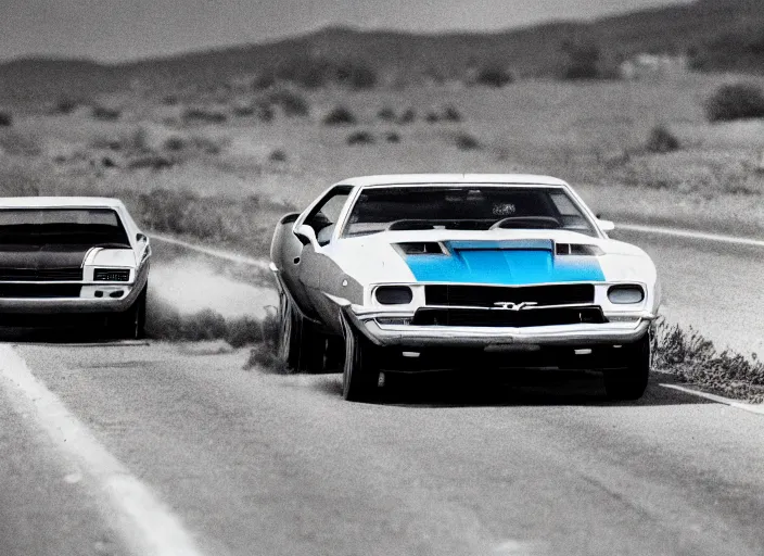 Prompt: retro picture of a camaro mach 1 chased by police cars on a highway, dusty sunne day