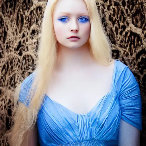 Image similar to A stunningly beautiful high key studio portrait adorable young curvy elven princess with Steve McCurry blue eyes. Pale skin.