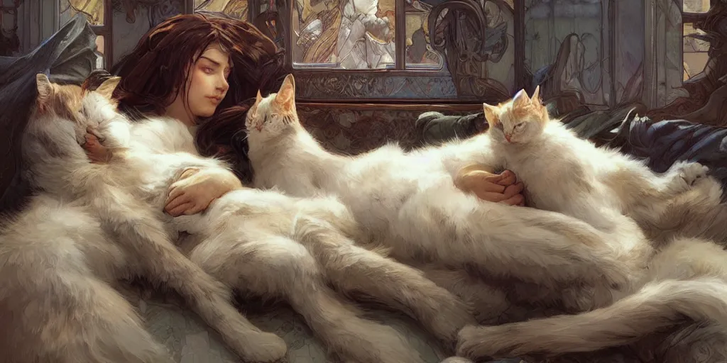 Prompt: 100 house cats cuddling, highly detailed, digital painting, artstation, concept art, sharp focus, illustration, art by artgerm and greg rutkowski and alphonse mucha