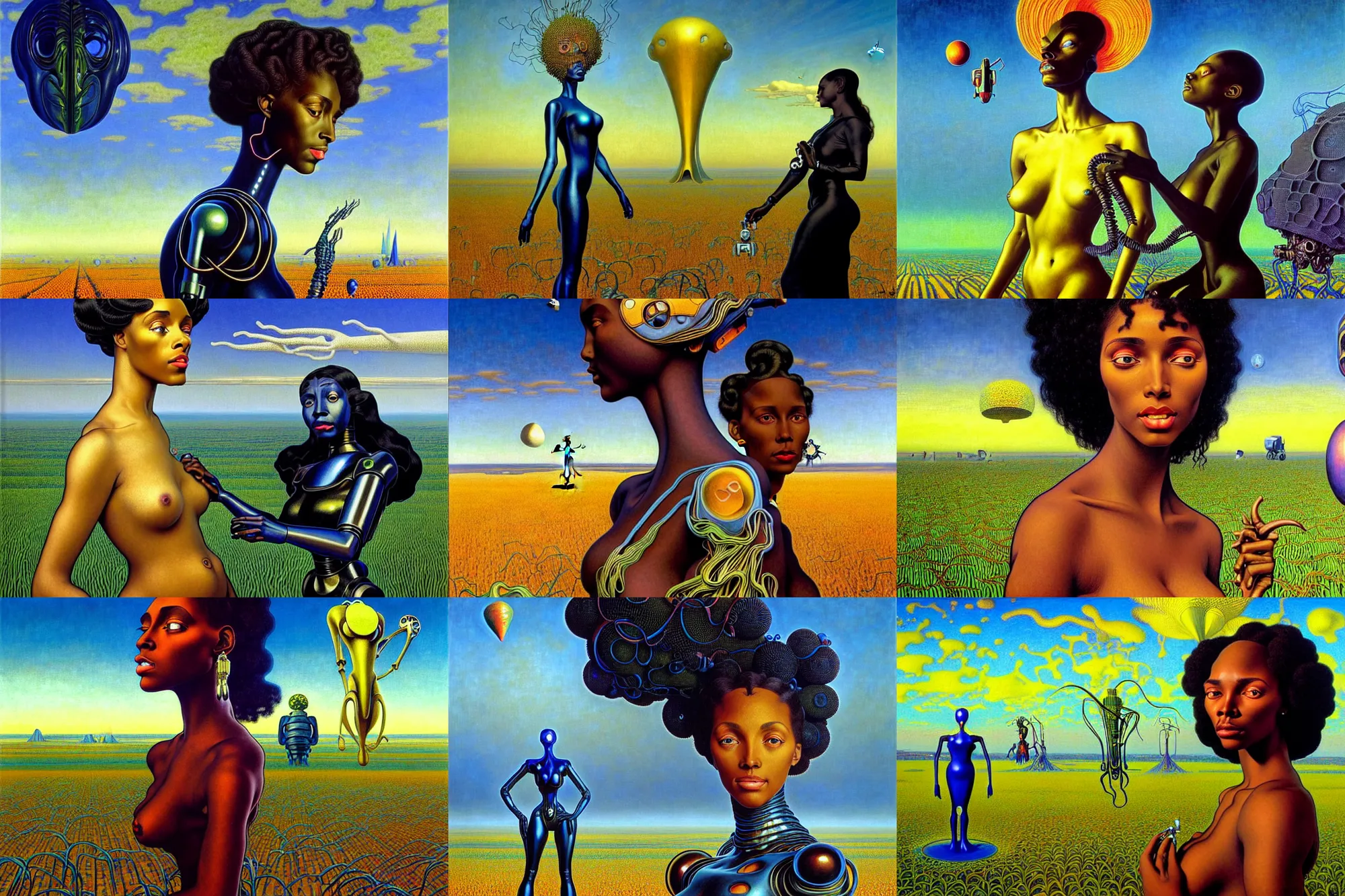 Prompt: realistic extremely detailed portrait painting of a beautiful black woman with a robot, futuristic farmland on background by Jean Delville, Amano, Yves Tanguy, Mark Brooks, Alphonse Mucha, Ernst Haeckel, Edward Robert Hughes, Roger Dean, rich moody colours, blue eyes