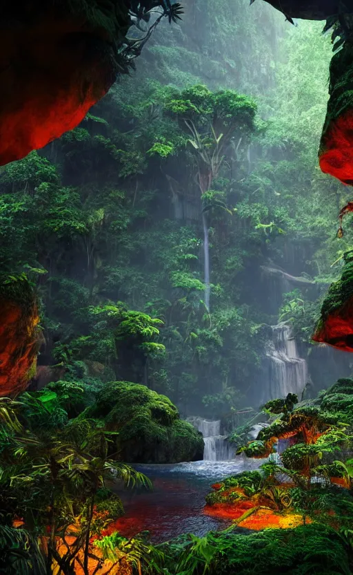 Image similar to a beautiful render of a dark prehistoric rainforest in a humongous cave, lush flora, patches of yellowish - orange, red, magenta sky, sunset, floating mountains and a waterfall in the background, intricate detail, hazy, humid, volumetric lighting, 8 k, photorealistic, raytracing effects, unreal engine 5