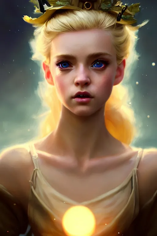 Image similar to cinematic shot of an epic portrait of a cute blonde fairy dressed in military clothes, stylised military clothes, shiny skin, beautiful eyes, beautiful, small details, night setting, realistic poster with volumetric light from craig mallism, artgerm, jeremy lipkin and michael garmash, unreal engine, radiant light, digital art, trends at art station, a masterpiece