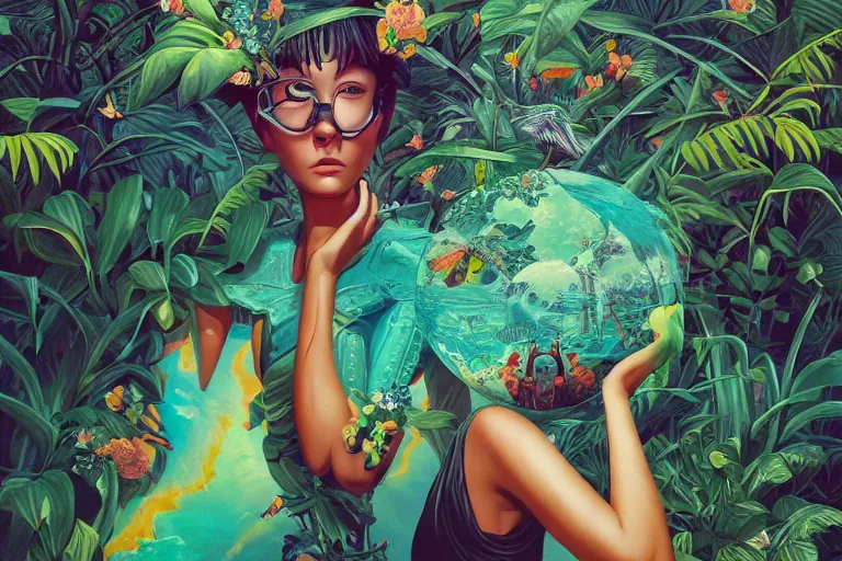 Image similar to evangelionic illustration, gigantic girl head, a lot of exotic vegetation, trees, tremendous pleasure robot, flowers, oldschool vintage sci - fi flat surreal design, super - detailed, oil painting by unji ito, tristan eaton, victo ngai, artgerm, rhads, ross draws,, hd, 4 k, high quality