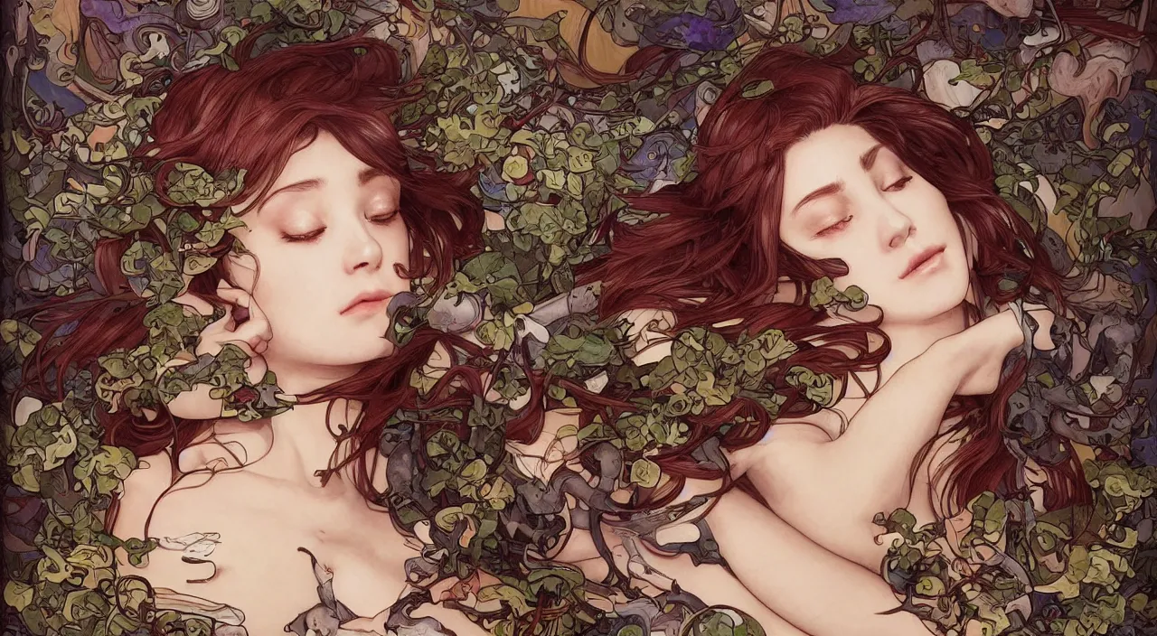 Image similar to a bio - mechanical pretty sleeping giant woman with mushrooms as camouflage, 4 k, ultra realistic, beautiful eyes!!, epic lighting, machines, high detail, masterpiece, trending on artstation by artgerm and akihito tsukushi!! and alphonse mucha, crayons!!!!!!!!!!!!!!!