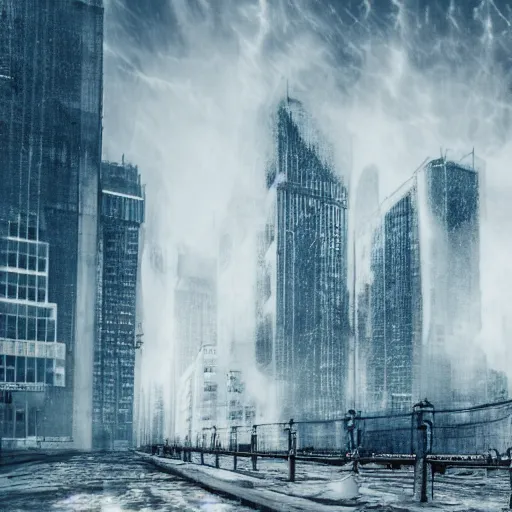 Image similar to apocalyptic city, buildings covered in shiny white liquid