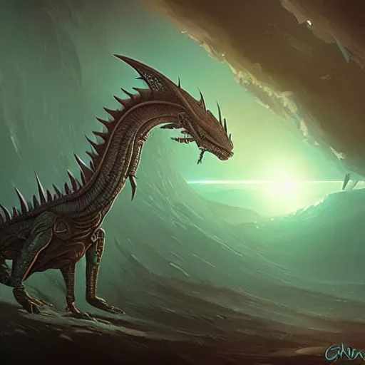 Image similar to alien dragon inspired by René Laloux, Greg Rutkowski,stars, cinematic