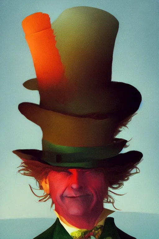 Image similar to Mr Hatter portrait in the wonder trash land Edward Hopper and James Gilleard, Zdzislaw Beksisnski, higly detailed