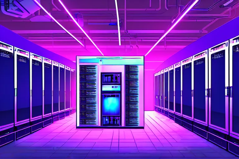 Image similar to realistic robot in a data server room, computers, neon and dark, purple and blue color scheme, by dan mumford, kirokaze and valenberg