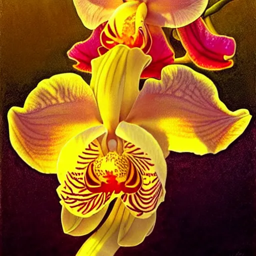 Prompt: detailed orchid iris hybrid flower, flowing liquid honey pouring out, backlit, sunset, refracted lighting, art by collier, albert aublet, krenz cushart, artem demura, alphonse mucha