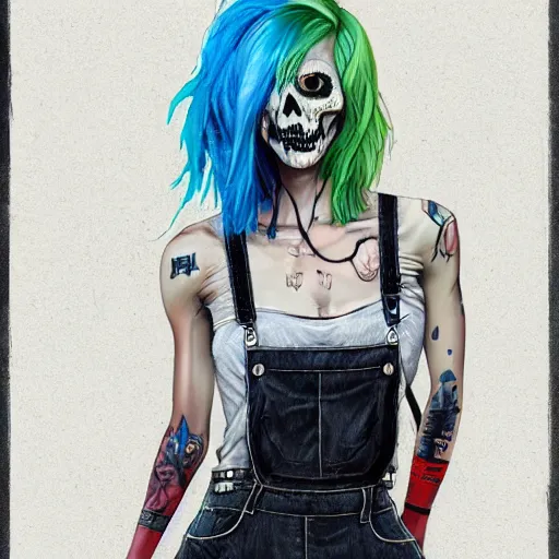 Prompt: a grungy skull woman with rainbow hair, sally, soft eyes and narrow chin, dainty figure, long hair straight down, torn overalls, short shorts, combat boots, basic white background, side boob, symmetrical, single person, style of by jordan grimmer and greg rutkowski, crisp lines and color,