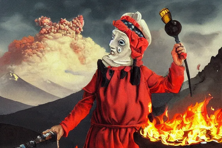 Image similar to a highly detailed pulcinella!!! from naples with pizza!! in the foreground, volcano in the background with smoke, blazing fire and glowing lava, full body, wide angle, an ultrafine detailed painting by rivorio mok, post - apocalyptic vibe, trending on deviantart, whimsical, lowbrow, coherent, sharp focus, octane, masterpiece