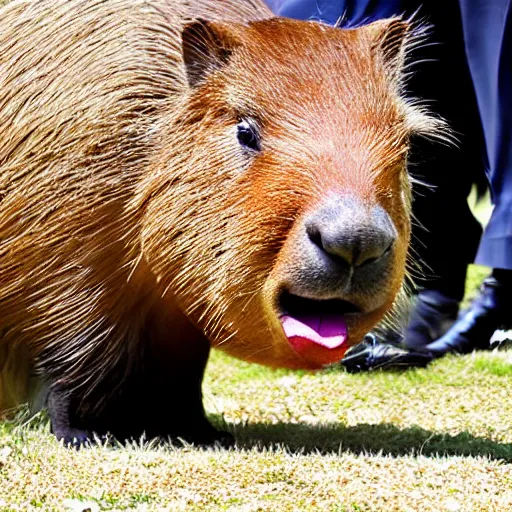 Image similar to a giant capybara kissing donald trump, photograph