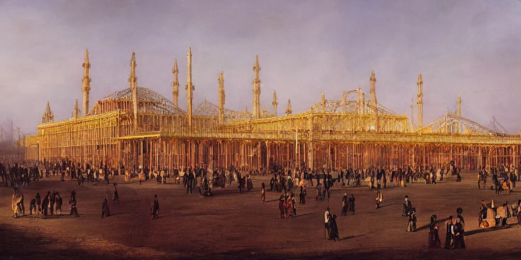 Prompt: a color photograph of the crystal palace, london exhibition of 1 8 5 1, golden hour