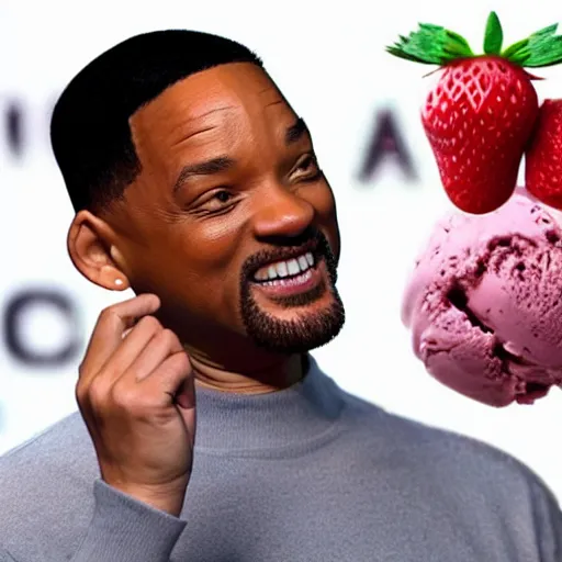 Prompt: will smith relaxed watching the world apocalypse while eating a strawberry ice cream