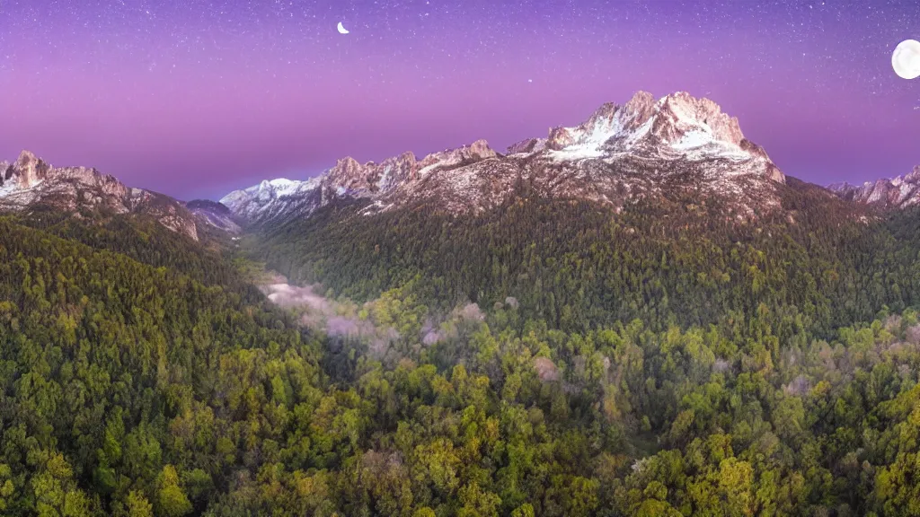 Image similar to Panoramic photo where the mountains are towering over the valley below their peaks shrouded in mist. The moon is just peeking over the horizon and the purple sky is covered with stars and clouds. The river is winding its way through the valley and the trees are light blue.