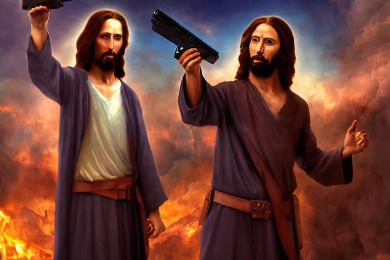 Image similar to real life photo of confident Jesus Christ holding a gun shooting the leader of Hell the Devil Hades, 8k, hyperrealistic, very detailed, clean, professional photography, epic composition, side profile, high contrast, upscaled, god rays