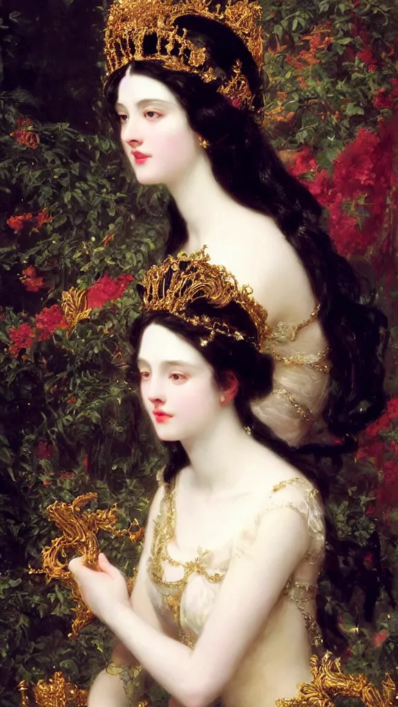 Image similar to a beautiful black haired woman with pale skin and a crown on her head sitted on an intricate metal throne by franz xaver winterhalter and delphin enjolras and rebecca guay