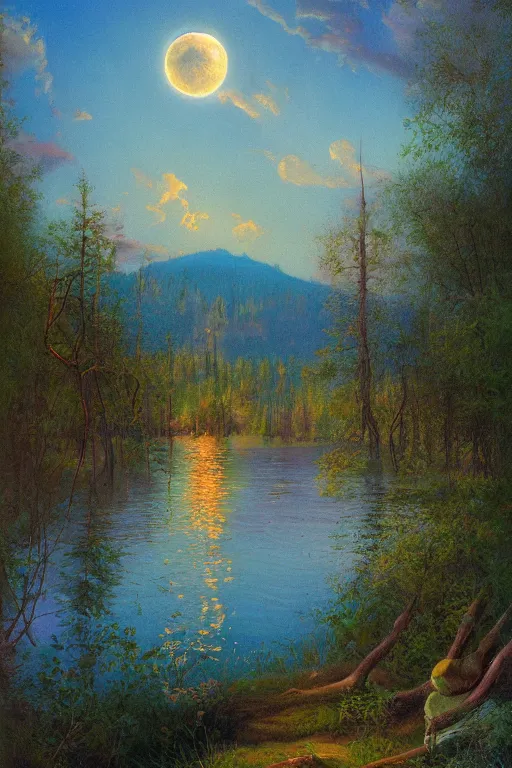 Image similar to fork lake, painted by darrell k. sweet and edd cartier, trending on artstation, moon light fish eye illustrator, bokeh, magic realism, dutch golden age, expressionism