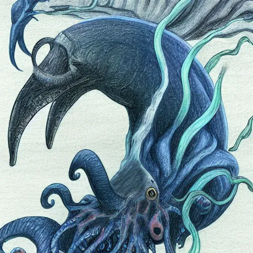 Image similar to coloured pencil drawing of a galion attacked by a giant octopus, rainy day an big waves. d & d, illustration, trending on artstation