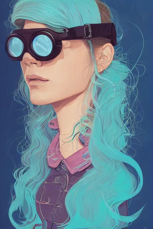Prompt: portrait painting of a teenage girl with swept back wild aquamarine hair, fashionable, windy, goggles, sharp focus, award - winning, trending on artstation, masterpiece, highly detailed, intricate. art by josan gonzales and moebius and deathburger
