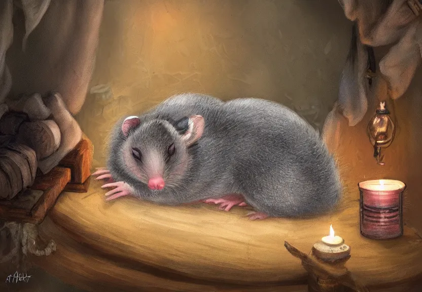 Prompt: cute hatted possum sleeping inside a bed in a medieval cluttered cottage at night under the dim light of a candle, dark fantasy, dreaming illusion, trending on artstation