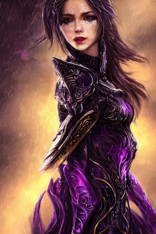 Image similar to portrait evilly knights of Zodiac girl+smoky eyes, metalic deep purple and black reflected armor, in ruined Agora of Athens night and stormy rainning, ssci-fi, fantasy, intricate, very very beautiful, elegant, golden light, highly detailed, digital painting, artstation, concept art, smooth, sharp focus, illustration, art by tian zi and WLOP and alphonse mucha