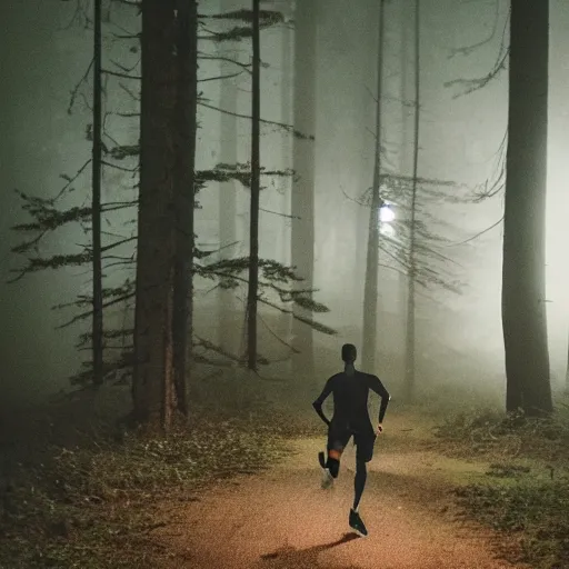 Image similar to a smudged, scratched, grainy and blurry photograph showing the whole body of a young tall man dynamically and frenetically running from danger in the dark forest. in the foggy woods, night time, flash lights