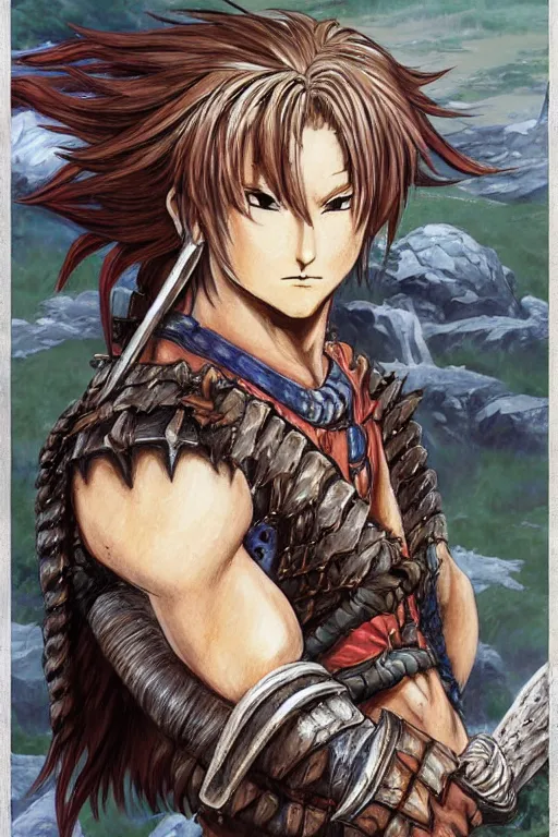 Image similar to A realistic anime portrait of a young handsome male barbarian with long wild hair, intricate fantasy spear, plated armor, vivid colors, colored, D&D, dungeons and dragons, tabletop role playing game, rpg, jrpg, digital painting, by Frank Frazetta and Yusuke Murata, concept art, highly detailed, promotional art, HD, digtial painting, trending on ArtStation, golden ratio, rule of thirds, SFW version