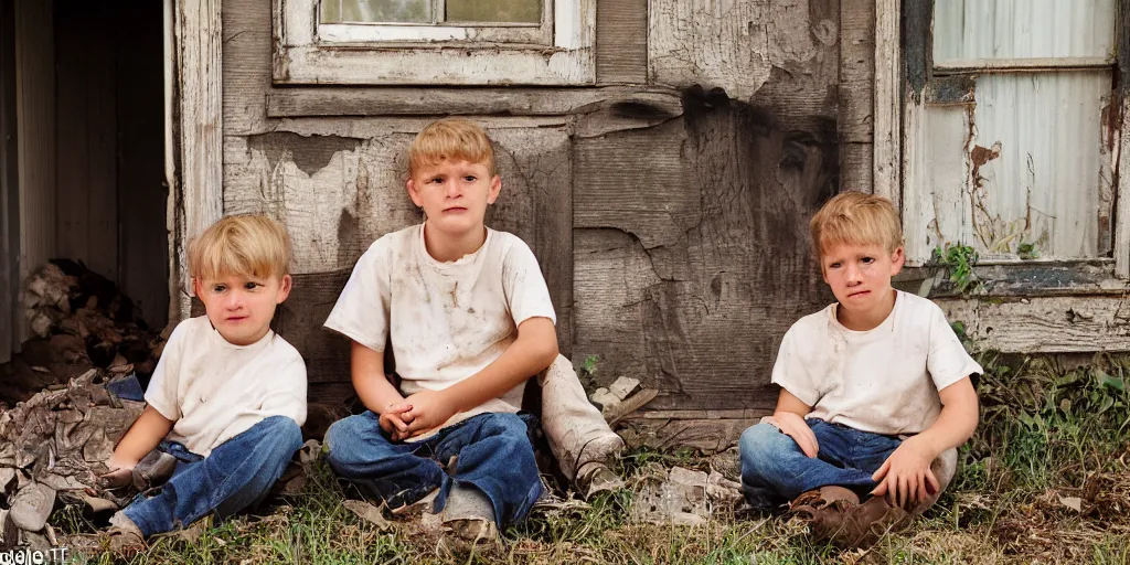 Prompt: close up portrait of two white redneck brothers sitting on front porch of dilapidated house, kodak gold 2 0 0,