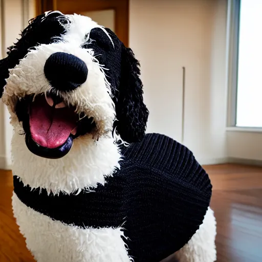 Image similar to a closeup photorealistic photograph of a cute smiling knitted bernedoodle judge dog dressed in a black gown, presiding over the courthouse. indoor image, professional capture, well lit shot. this 4 k hd image is trending on artstation, featured on behance, well - rendered, extra crisp, features intricate detail, epic composition and the style of unreal engine.