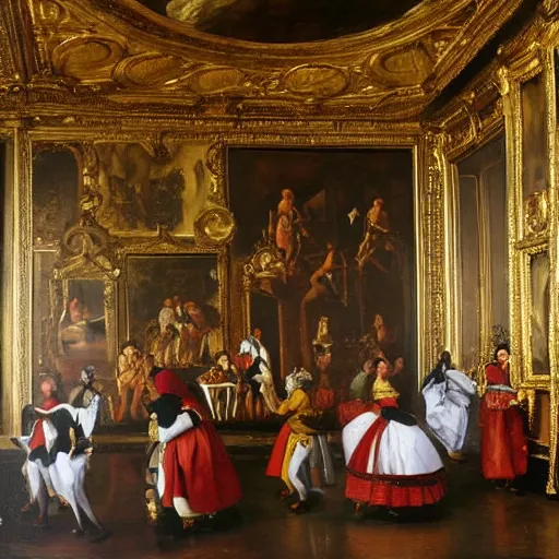 Image similar to fine art, oil on canvas baroque style by diego velasquez. the interior of the palace of versailles in france. fine art in the walls and