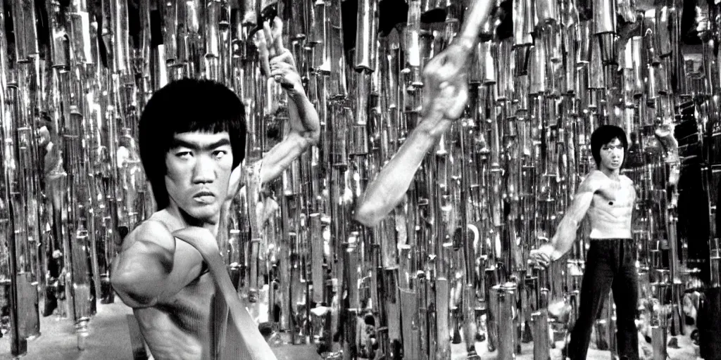 Image similar to bruce lee holding his nunchucks in a hall of mirrors, hyperreal, in the style of enter the dragon