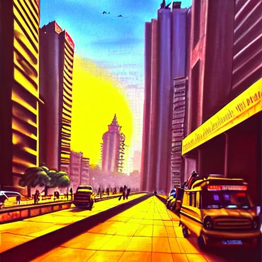 Prompt: mumbai in the future, city streets, golden hour, perspective artwork, photorealism