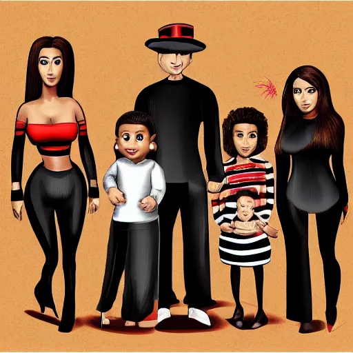 Image similar to Family portrait of Kim Kardashian and husband Freddy krueger with their 3 children. illustration, highly detailed
